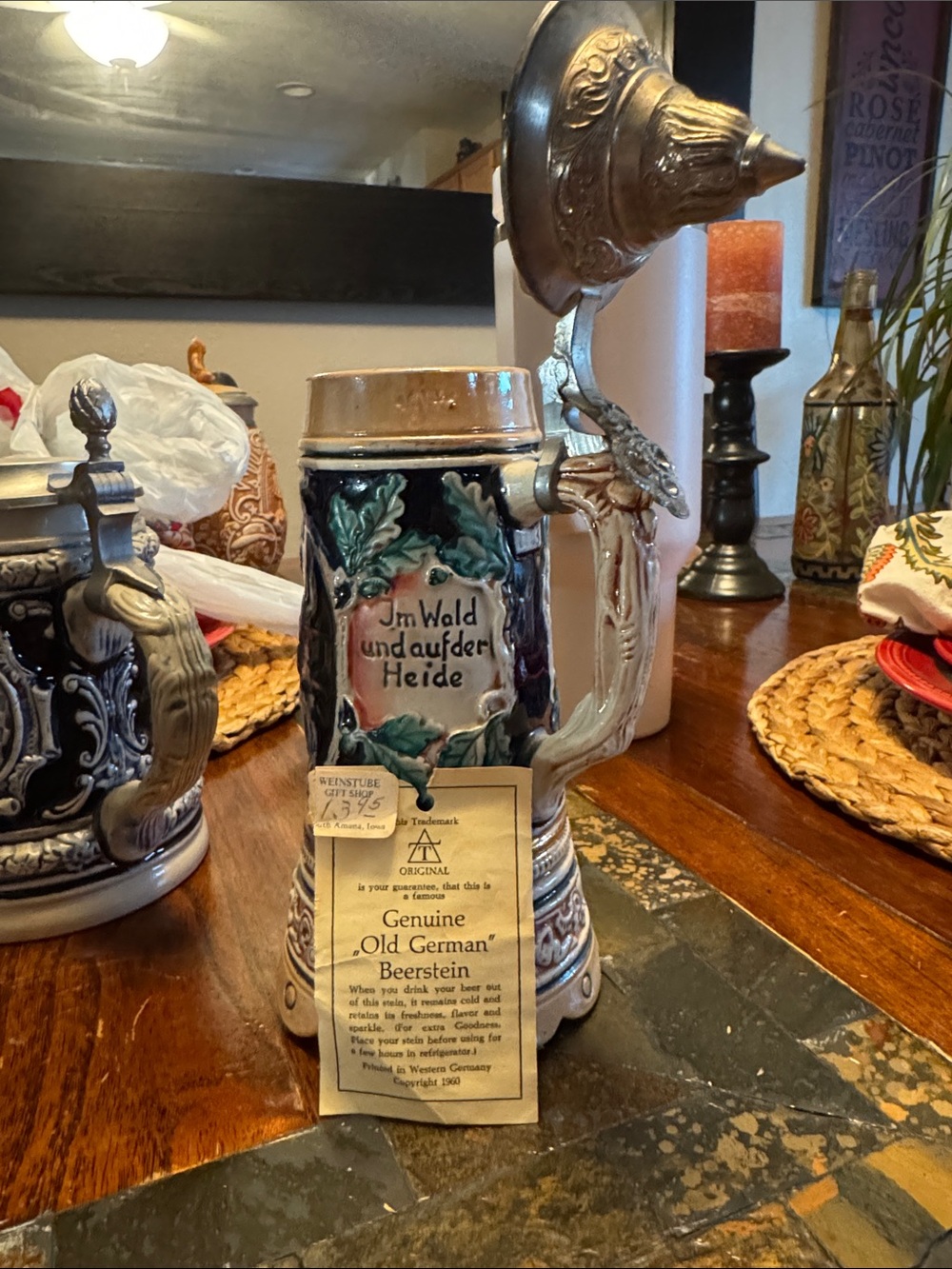 Genuine Old German Beerstein Decorative Ceramic Stein - Blue/Green